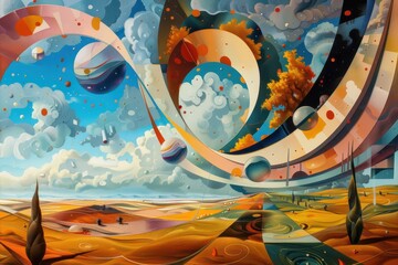 Abstract Landscape with Geometric Shapes and Floating Planets