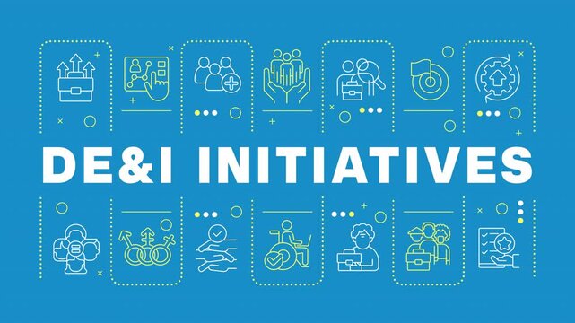DEI initiatives word banner animation. Disability equity. Social justice, acceptance. Dynamic headline with outline icons on light blue background. HD video with alpha channel. Motion graphic
