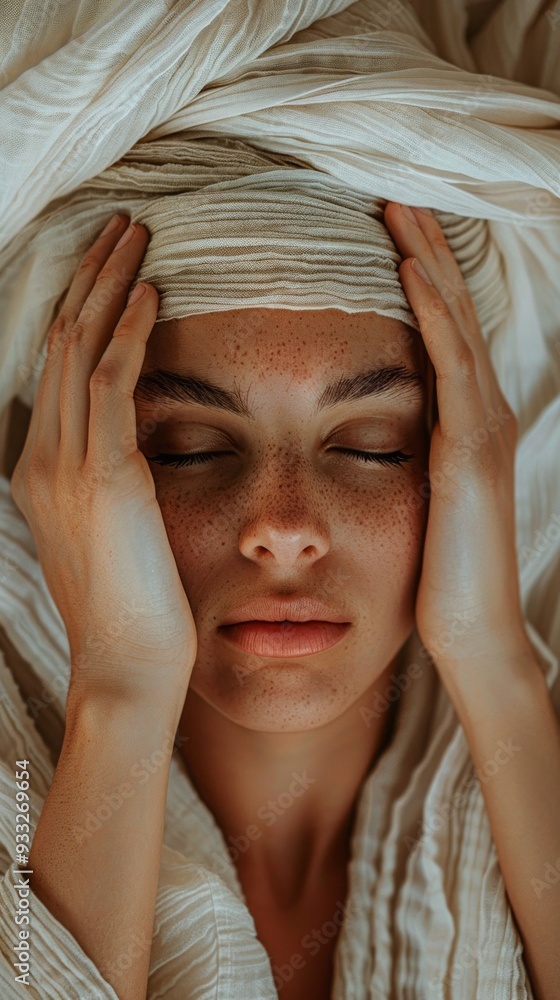 Poster two hands rest softly on a young woman's face, expressing tranquility and relaxation in a serene set
