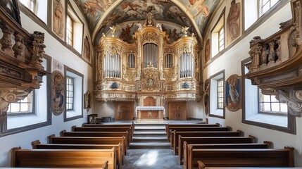 Fototapeta premium A view of a historic church interior with an ornate pipe organ and wooden pews.