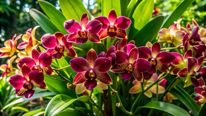 Obraz premium Exquisite orchid flowers bloom in a serene botanical garden, surrounded by lush greenery, perfect for Mother's Day or Valentine's Day celebrations, with a copy space for a sweet message.