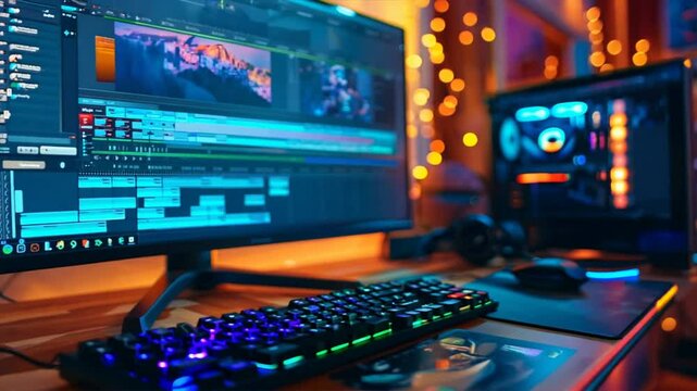 A computer monitor and keyboard are on a desk with a blue background. The computer monitor is displaying a video editing program. Scene is focused and professional