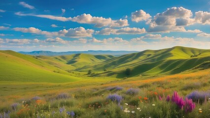 Fototapeta premium Rolling hills covered in vibrant greenery, with wildflowers blooming in every color imaginable, and a bright blue sky overhead, creating a scene of pure, untouched natural beauty.-