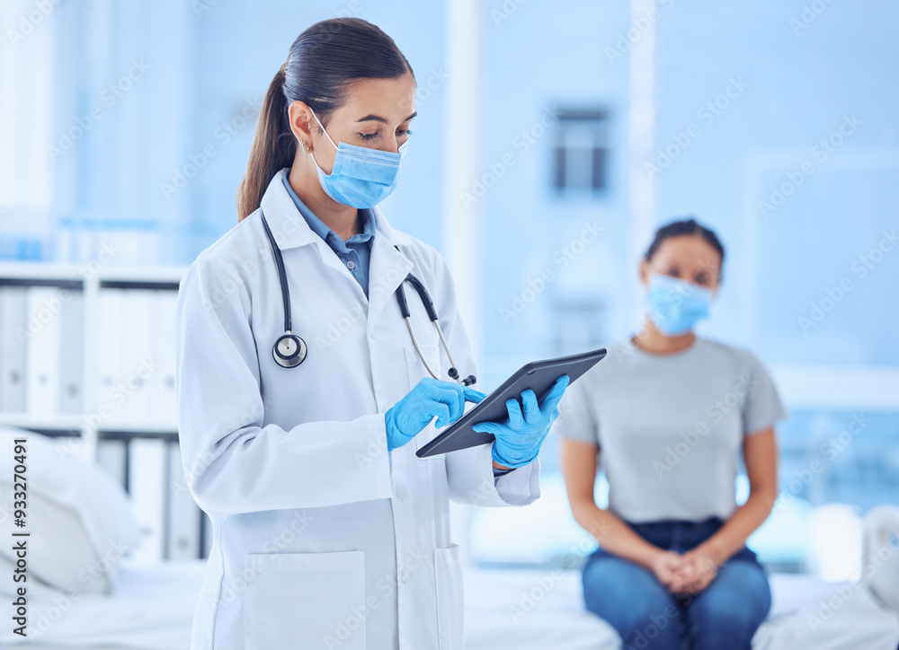 Canvas Prints Medical, doctor and tablet with woman in consultation, hospital or clinic checkup. Digital test, results and patient with healthcare professional for pandemic protection for covid compliance or care