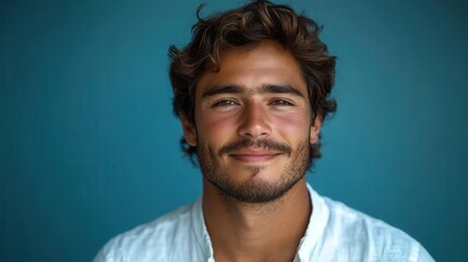 Obraz premium charismatic young man in crisp white shirt genuine smile against vibrant blue backdrop studio lighting emphasizes confident posture