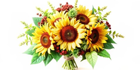 Naklejka premium Vibrant watercolor illustration of a sunflower bouquet with intricate details, showcasing bright yellow petals, delicate stems, and lush greenery, celebrating natural beauty and florals.