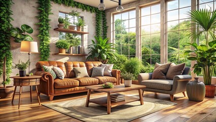 Obraz premium Cozy living room interior with plush couch, vintage armchair, and rustic wooden coffee table amidst warm natural light and lush green plants.