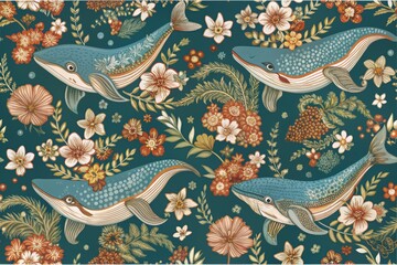 Delicate whales swim amidst vibrant flowers, leaves, and tendrils in a charming, hand-drawn design perfect for fabrics, silk printing, and other decorative applications.