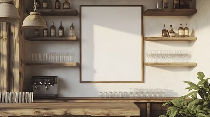 Elegant Rustic Home Bar Mockup with White Background Frame,Wooden Shelves,and Pendant Lighting. Showcasing a cozy and sophisticated interior design vignette for a residential or commercial space.