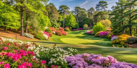 Obraz premium Vibrant azaleas in full bloom surround the lush green fairway of an upscale golf course, showcasing natural beauty and serenity on a sunny day.