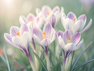 Obraz premium Delicate, vibrant purple and white Crocus flowers blossom in a whimsical close-up watercolor painting, showcasing intricate petals and soft, blurred background.