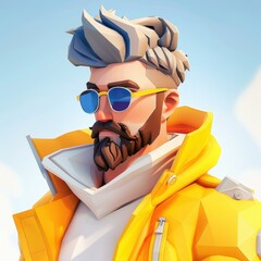 A stylized lowpoly 3D game character features a man in a vibrant yellow jacket and sleek sunglasses.