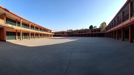 Obraz premium A wide shot of a courtyard surrounded by buildings with a clear blue sky.