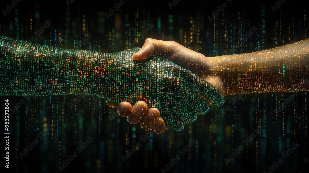 Aufkleber a handshake between a robotic hand and a human hand represents partnership in a high-tech environmen