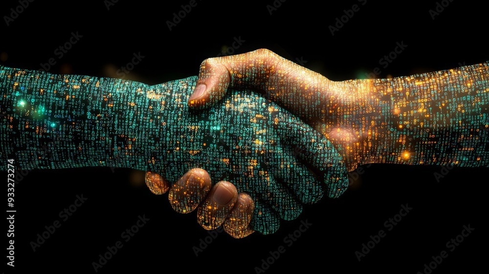 Poster a handshake between two hands, composed of glowing data patterns, representing collaboration in tech