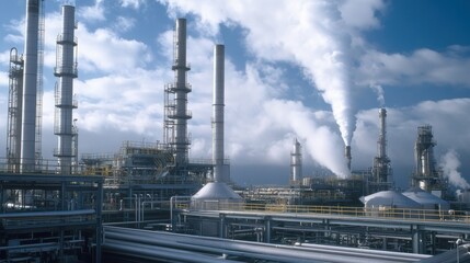 Obraz premium Industrial gas processing plant with tall towers and cooling systems under a blue sky with clouds and steam