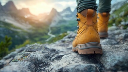 closeup of rugged hiking boots on rocky mountain trail majestic landscape vista visible in background conveying adventure