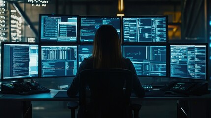 A woman sits in front of a large array of computer monitors displaying code and data.