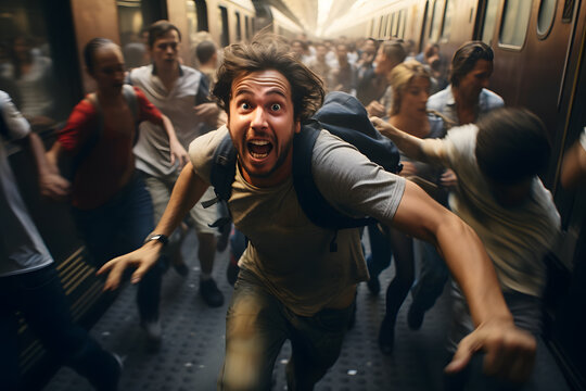 Scared worried panic man running in a crowd of people and chasing the leaving train in station
