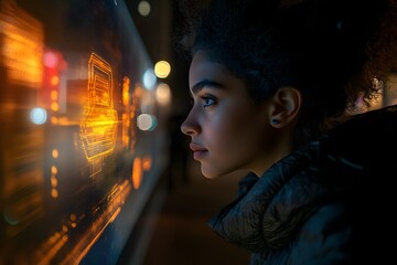 A young woman, illuminated by the glow of a futuristic data interface, contemplates the digital landscape of a smart city at night.