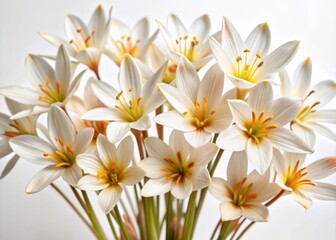 Fototapeta premium Delicate white rain lily flowers with yellow centers, isolated on a pure white background, showcasing their elegant trumpet-shaped blooms and slender, curved stems.