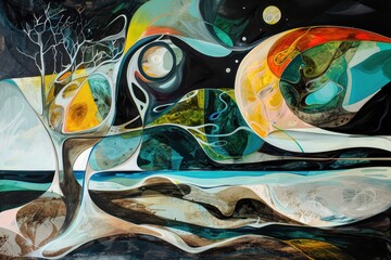 Abstract Painting with Tree, Planets and Swirling Colors