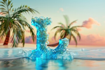 The letter L is made of blue glass and is surrounded by pink flowers