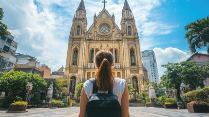 Fototapeta premium A woman with a backpack stands in front of a large ornate church building with two towers under a bright blue sky.