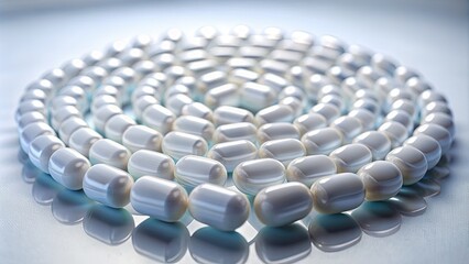 Fototapeta premium A cluster of white capsules arranged in a spiral pattern on a transparent glass surface against a soft, blurred white background.