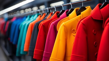 Fototapeta premium Elegant women s coats elegantly displayed on hangers in a trendy and fashionable boutique