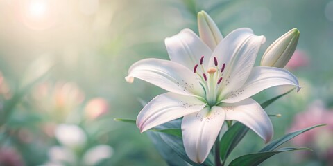 Soft focus white lily flower blooms on a serene creamy white floral background, perfect for beauty, spa, wellness, and natural cosmetics advertising banner templates.