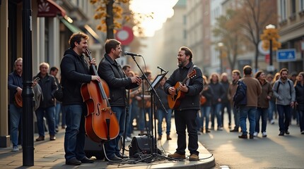 Fototapeta premium Street Musicians Performing Classical Instruments: Cellist and Violinists Entertaining Crowd in Urban Setting