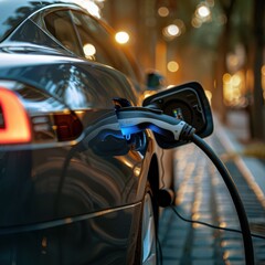 Naklejka premium Orange electric car plugged in and charging on a city street during sunset. Free copy space for text.