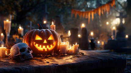 Fototapeta premium A spooky Halloween scene with a pumpkin, a skull, and a foggy graveyard.