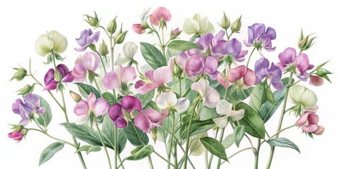 Delicate watercolor illustrations of sweet pea flowers in pastel hues, adorned with intricate details and gentle textures, perfect for elegant designs and whimsical creations.