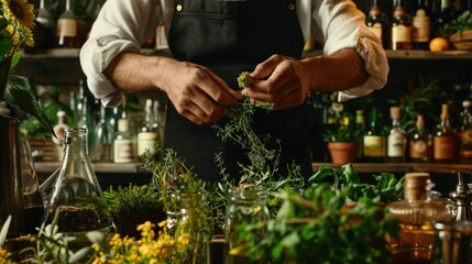 A man is preparing herbs in a kitchen with a variety of bottles