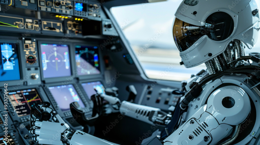 Aufkleber a robot pilot navigates an advanced cockpit filled with high-tech instruments and screens, showcasin