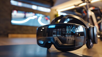 A VR headset in a fitness room, displaying a virtual cycling track that riders can follow for an engaging exercise session.