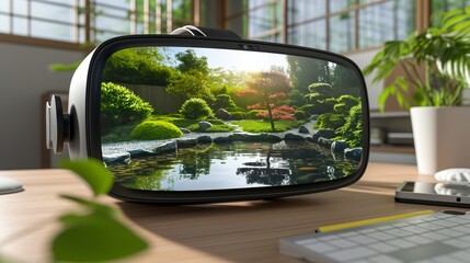 A VR headset in a home office, showing a tranquil meditation space with a virtual Zen garden visible through the lenses for relaxation.