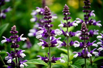 Obraz premium Delicate purple salvia flowers with subtle white accents bloom on slender stems against a crisp white background, showcasing their unique beauty and ornamental value.