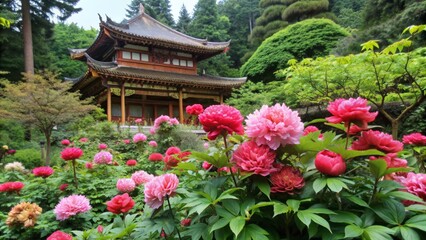 Vibrant red and pink peony flowers in full bloom adorn the serene temple grounds, surrounded by lush greenery and natural light, with ample copy space.