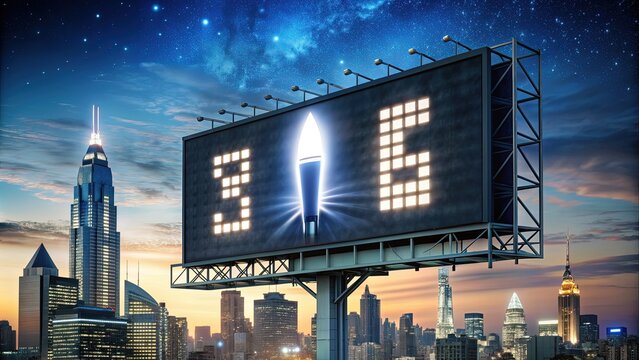 A dramatic countdown display on a urban cityscape's billboard at night, surrounded by sleek skyscrapers and bustling streets, hinting at an exciting launch.