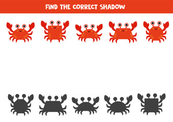 Obraz premium Find the correct shadows of cartoon geometrical crabs. Logical puzzle for kids.
