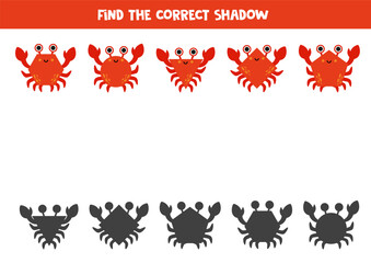 Obraz premium Find the correct shadows of cartoon geometrical crabs. Logical puzzle for kids.