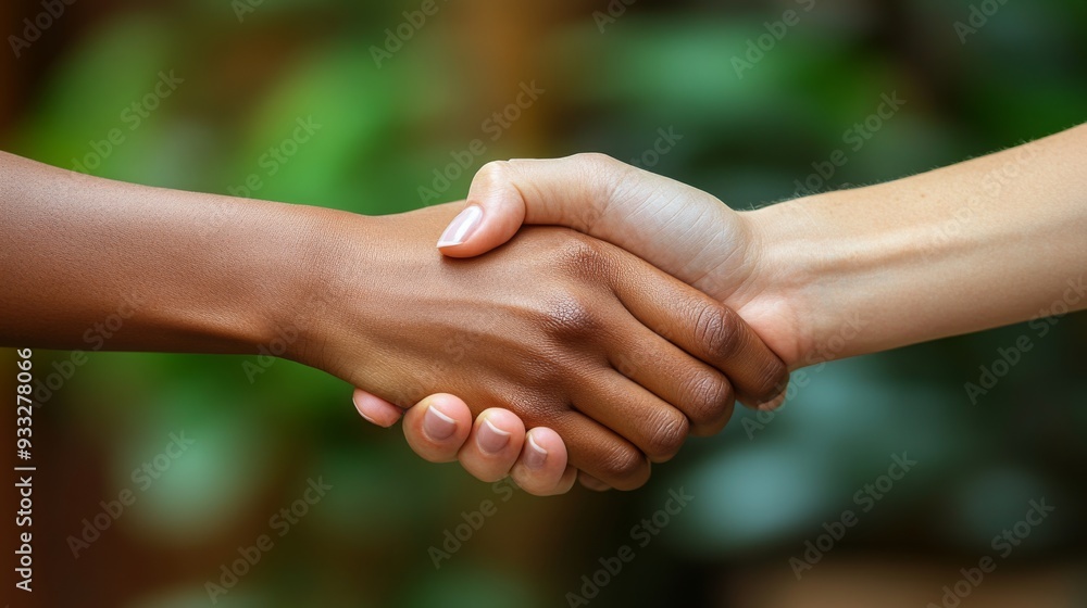 Poster a diverse pair of hands engaged in a handshake, representing unity and collaboration in a lush envir