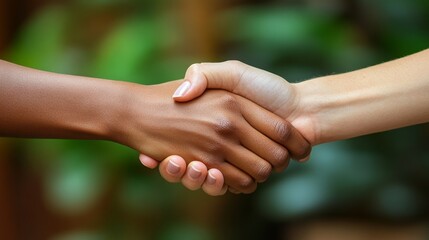 A diverse pair of hands engaged in a handshake, representing unity and collaboration in a lush environment.