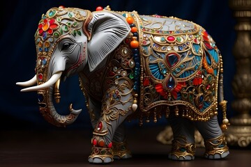 Elephant with Intricate Traditional Adornments" Prompt: "A beautifully adorned elephant, decorated with intricate traditional patterns and vibrant fabrics. The elephant is standing gracefully in a pea