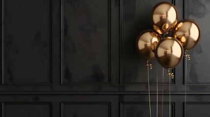 Gold balloons bunch on a black wall background. Horizontal banner.