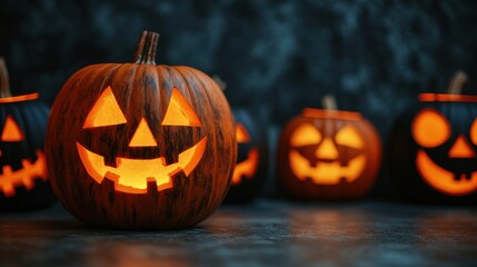 Spooky Halloween Parade at Dusk with Glowing Pumpkin Lanterns and Copy Space, Selective Focus, Ultra HD
