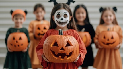 Fototapeta premium Spooky Kids in Monster Costumes with Carved Pumpkins for Halloween Celebration, Copy Space for Text, Ultra HD